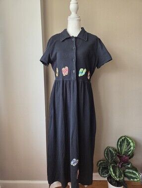 Lapis Black Cotton Flip Flop Embroidered Shirt Dress Size L Button Front